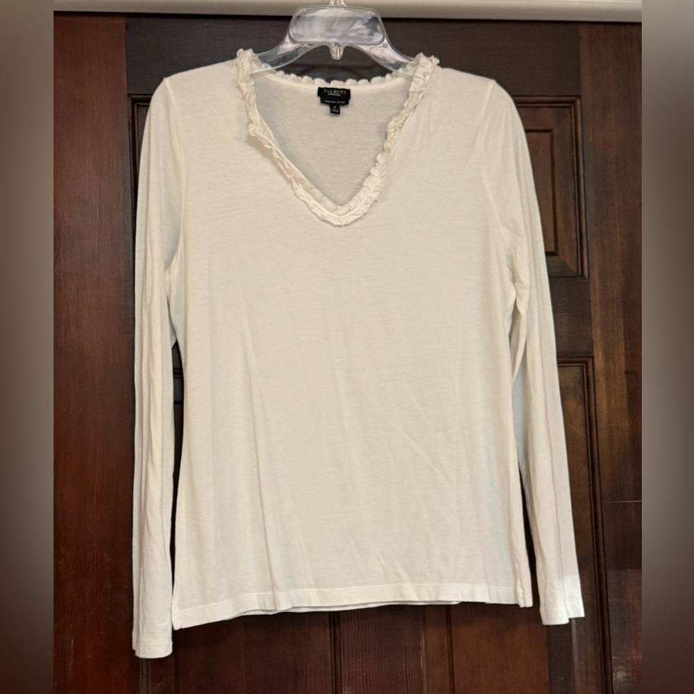 Talbots White Long Sleeve Top with Ruffle V-Neck